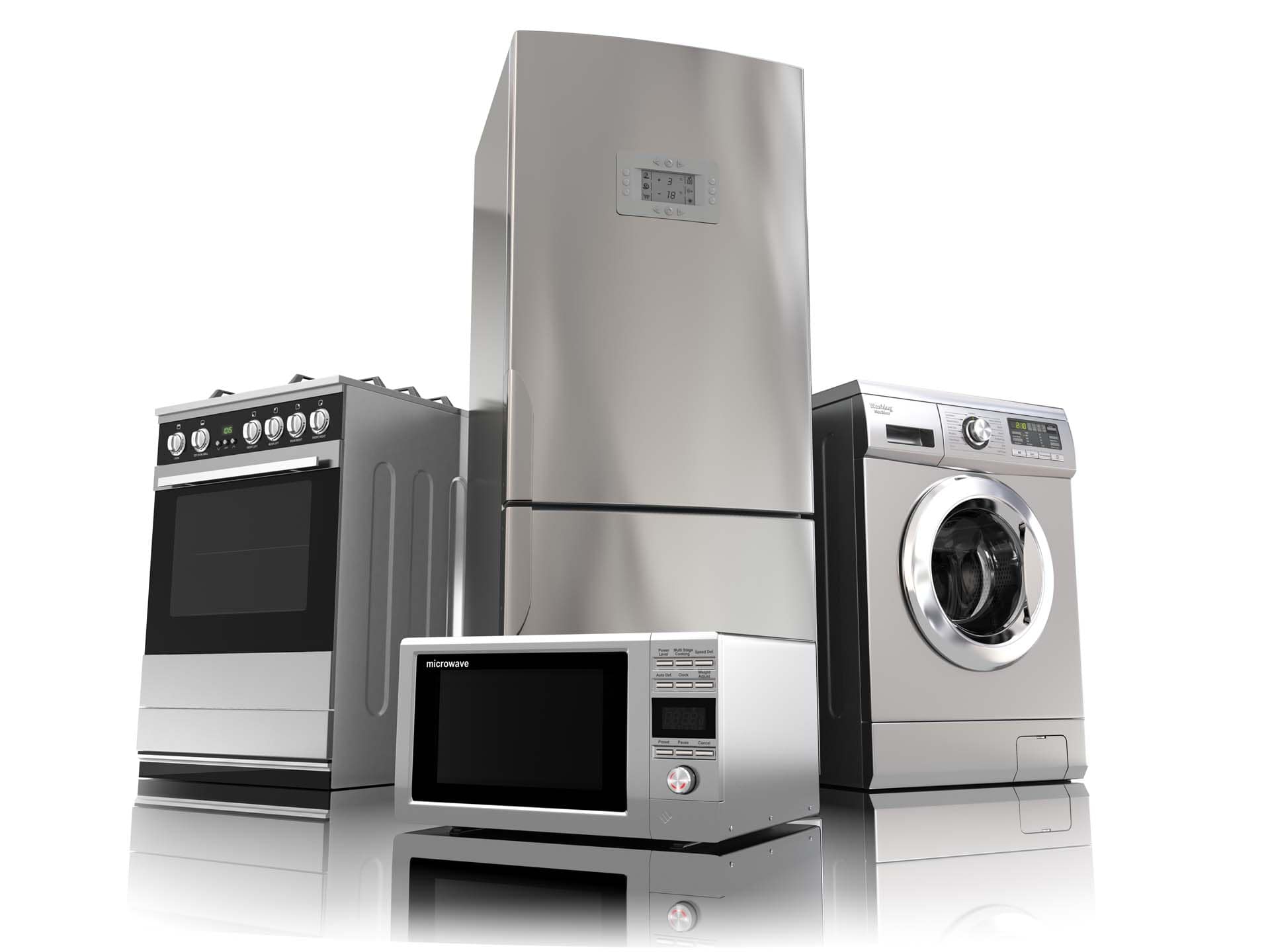 IMage of home appliances including a refridgerator, sotve/oven and washing machine